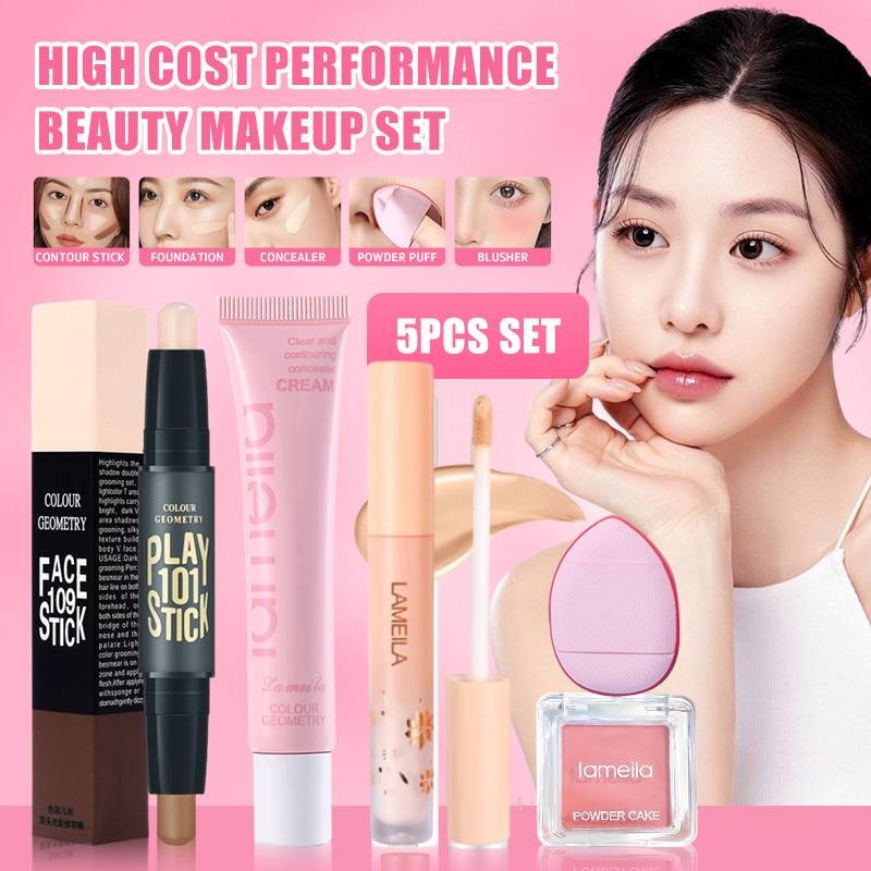 จัดส่งในพื้นที่5PCS Lameila ชุดแต่งหน้า Liquid Foundation คอนซีลเลอร์ + ปากกาไฮไลท์ + บลัชออน + พัฟ 