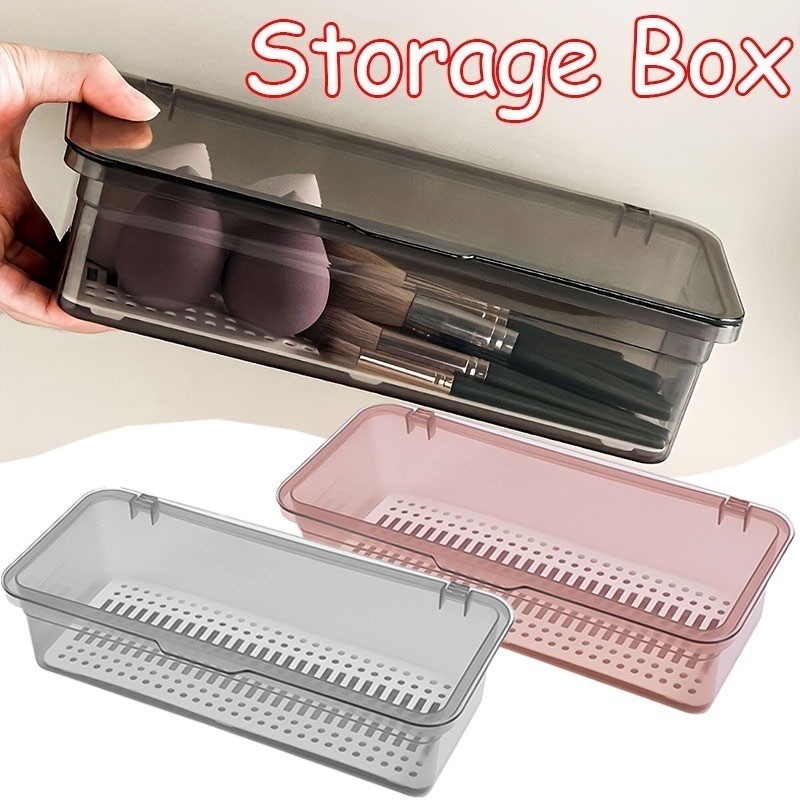 1/3 ชิ้นกันฝุ่นแปรงแต่งหน้าฟองน้ํากล่องเก็บ / ห้องครัว Flip-top Tableware Drainer Organizer พร้อมฝาปิด