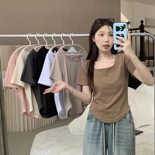 เสื้อครอปคอเหลี่ยมสวยๆผู้หญิงฤดูร้อนใหม่ กําลังฮิต เสื้อผ้าสาวอวบน่ารักเเฟชั่นสุดฮิตมินิมอลสไตล์เกาหลี เสื้อยืดทรง