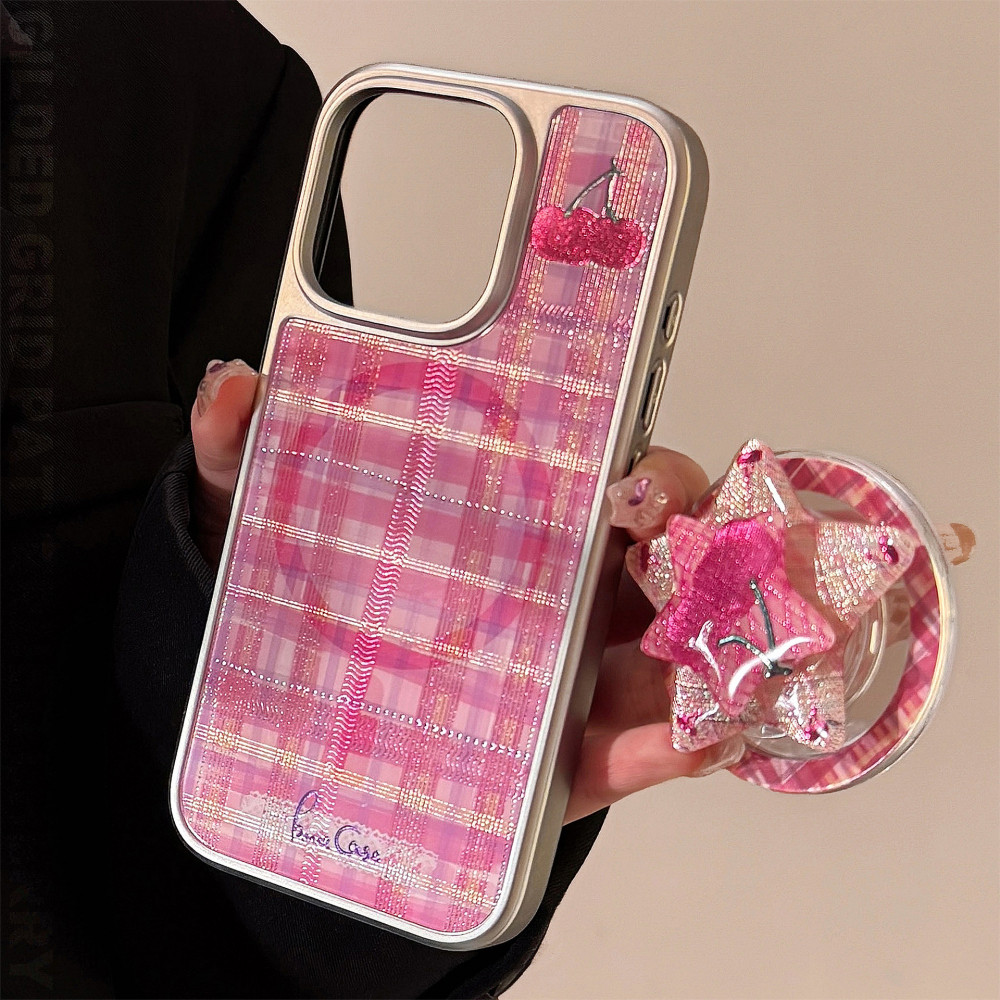 Ins Girly Pink Stripe Cherry Rotatable Star Magnetic Stand Holder สําหรับ IPhone 16 Pro Max 16 15 14 Pro Max 13 12 11 XR Scratch ทน Hard PC หนาปกหลัง