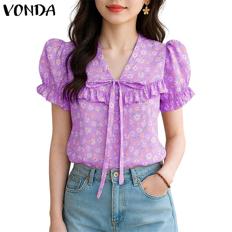 VONDA เสื้อผ้าสำหรับผู้หญิง สไตล์เกาหลี คอพัฟแขนระบาย พิมพ์ดอกไม้ Retro Bowknot