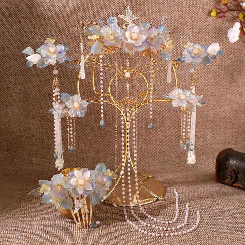 Hanfu Headdress ชุดเครื่องประดับแก้ว พู่ขั้นตอนแกว่ง Hairpin และ Fuxian Crown