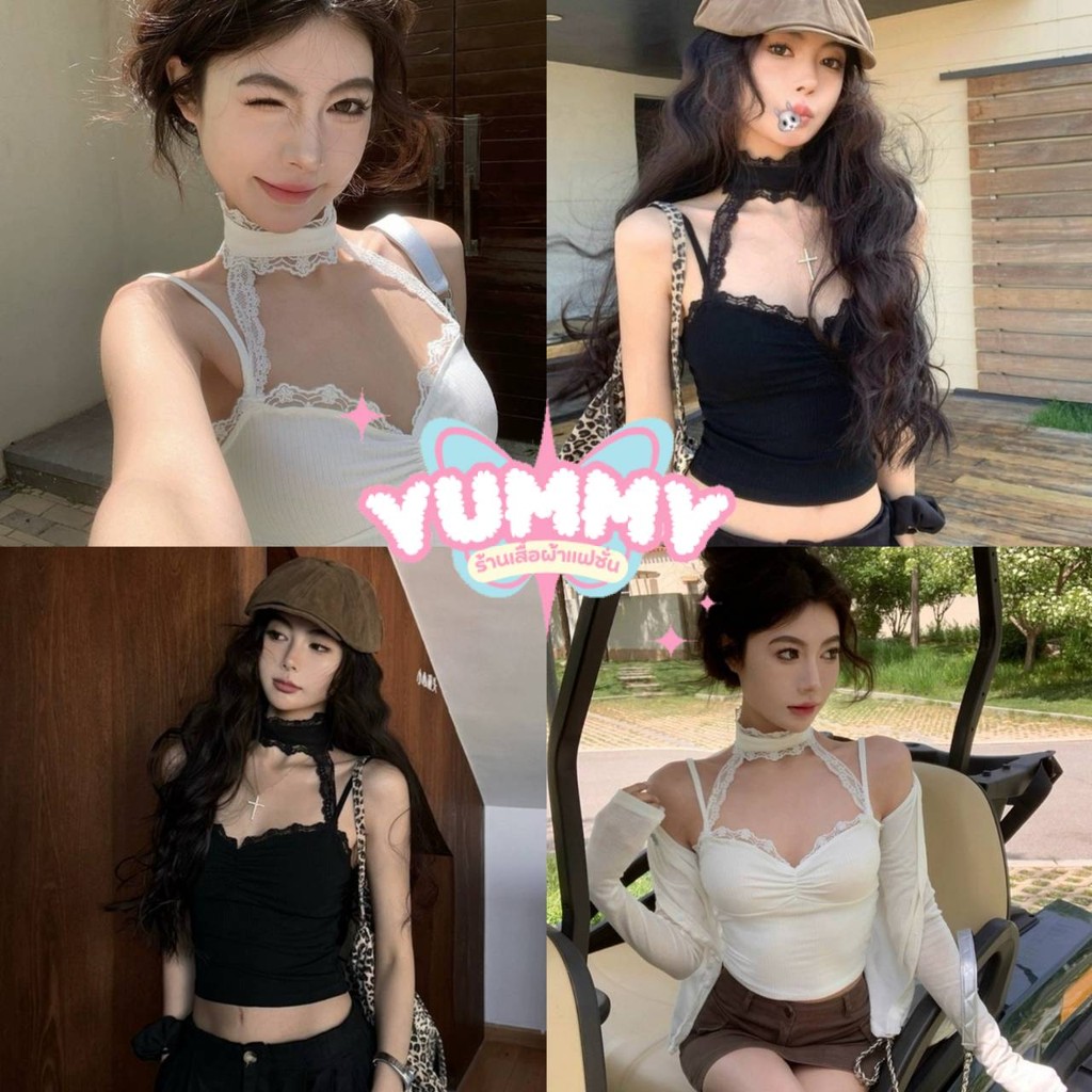 🎀Yummy Shop🎀พร้อมส่ง FY1814 เสื้อสายเดี่ยว มีฟองน้ำ น่ารักมากๆ ดีเทลแต่งสายโชเกอร์