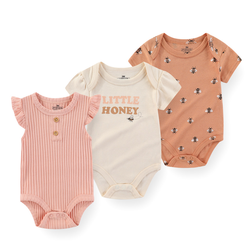 Kiddiezoom 3 ชิ้น Baby ใหม่แฟชั่นดอกไม้การ์ตูนบอดี้สูท Soft Comfort Jumpsuit