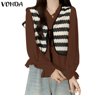 Vonda ผู้หญิงเกาหลีลําลองคอวีสีตัดกันนัวเนียเสื้อแขนยาว