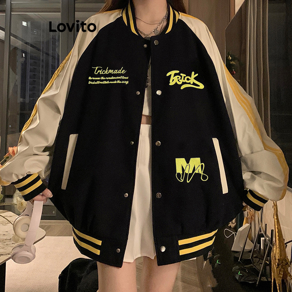 Lovito เสื้อแจ็คเก็ตเย็บผ้าธรรมดาสำหรับผู้หญิง LNA72330