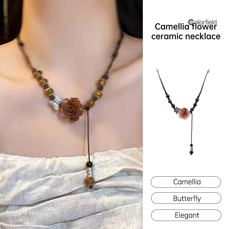 Colorfield สร้อยคอเซรามิก Camellia ผู้หญิงวินเทจผีเสื้อโซ่กรงเล็บจีนสูงสร้อยคอ
