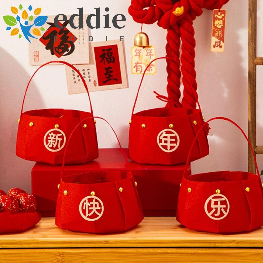 Edie ตะกร้าผลไม้มือถือปีใหม่,หนาถุงเก็บขนมสีแดง,แบบพกพา DIY ขนาดใหญ่-ความจุรู้สึกถุงของขวัญอุปกรณ์บ้าน