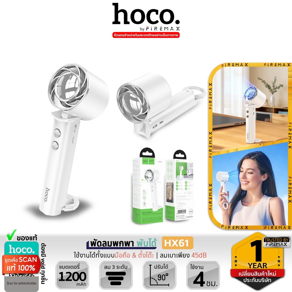 HOCO HX61 พัดลมพกพา ปรับลมได้ 3 ระดับ พับได้ 90° เสียงเงียบ ตั้งโต๊ะ ห้อยคอ ถือพกพา พัดลมมือถือ hc6