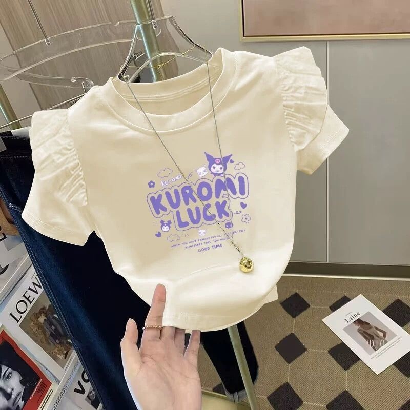 เสื้อยืดลูกไม้แขนระบายผ้าฝ้าย คุโรมิ ขนาด 110-160 - หลวมการ์ตูนหวานด้านบนสําหรับเด็กตัวใหญ่
