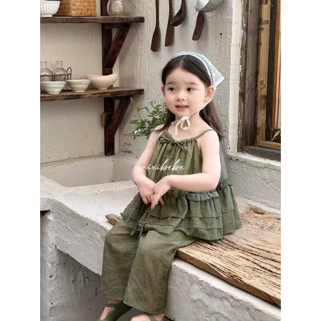 สาวฤดูร้อนสูทแฟชั่นที่ไม่ซ้ํากันที่สวยงามสไตล์โมริเด็กที่สวยงามเด็กทารกฤดูร้อนเสื้อผ้า สายรัด กางเกงชุดสองชิ้น - รูปที่ 3