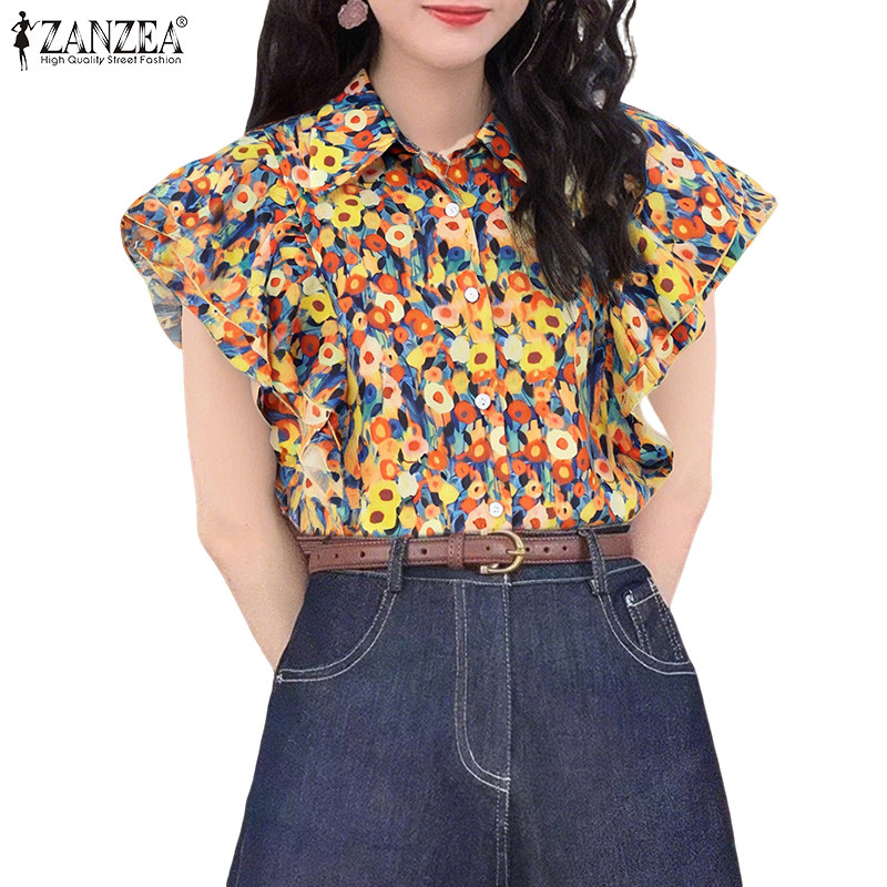 ZANZEA เสื้อเชิ้ตเกาหลีลายดอกไม้ สไตล์ย้อนยุคสำหรับผู้หญิง