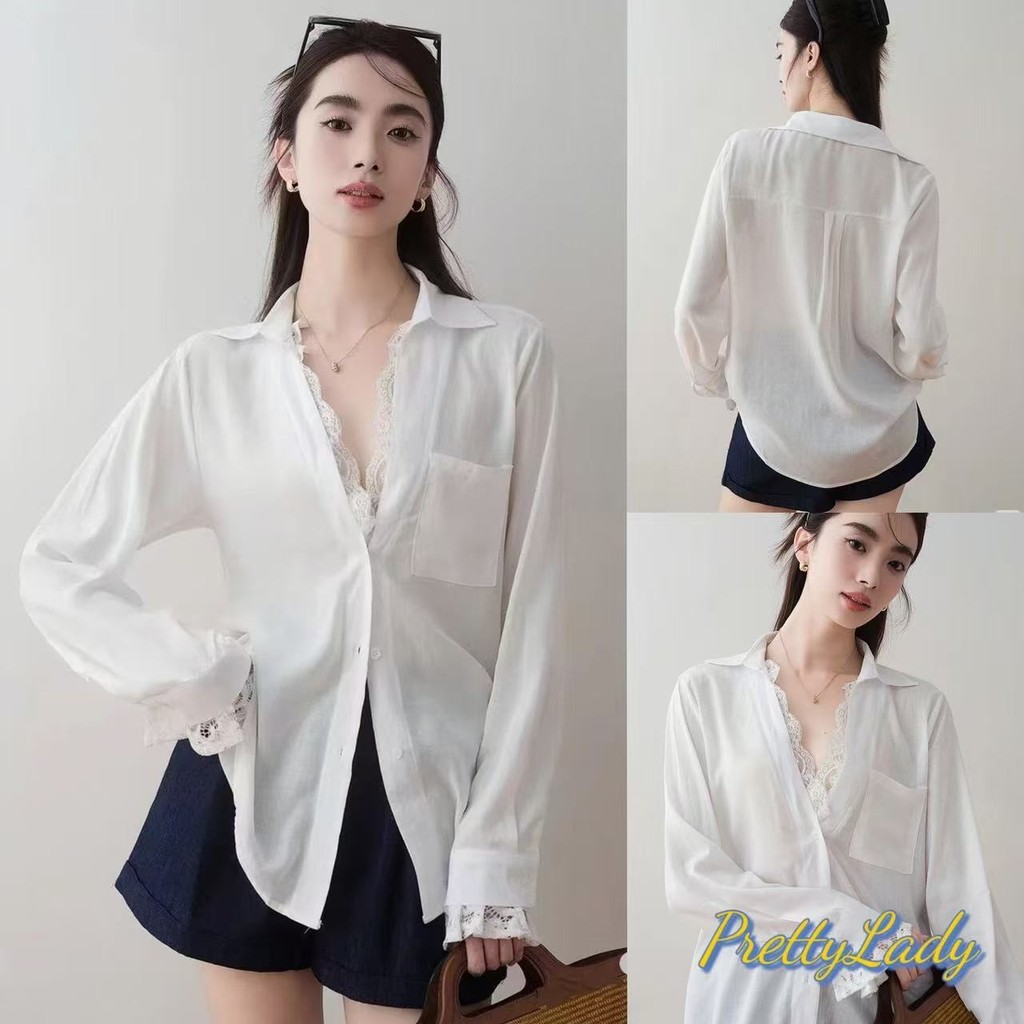 เสื้อเชิ้ตผ้าฝ้ายและผ้าลินินสีขาวสำหรับผู้หญิง เสื้อเชิ้ตแขนยาวคอวีเซ็กซี่พร้อมเย็บลูกไม้ที่คอเสื้อ เสื้อกันแดด.