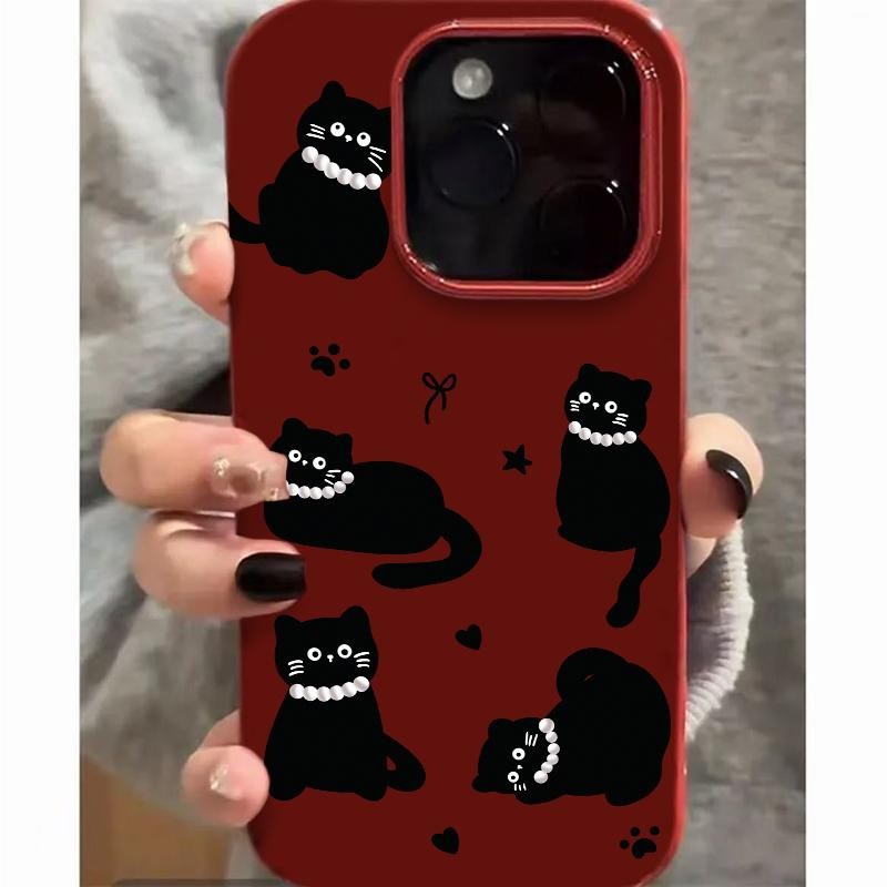 Pearl Black Cat Burgundy Softshell GlossสําหรับเคสIphone 16promax 16pro 16 15promax 15pro 15 14promax 14pro 14 13promax 13pro 13 12pro 12promax 12 11promax 11promax 11promax xr xs 7plus 8p