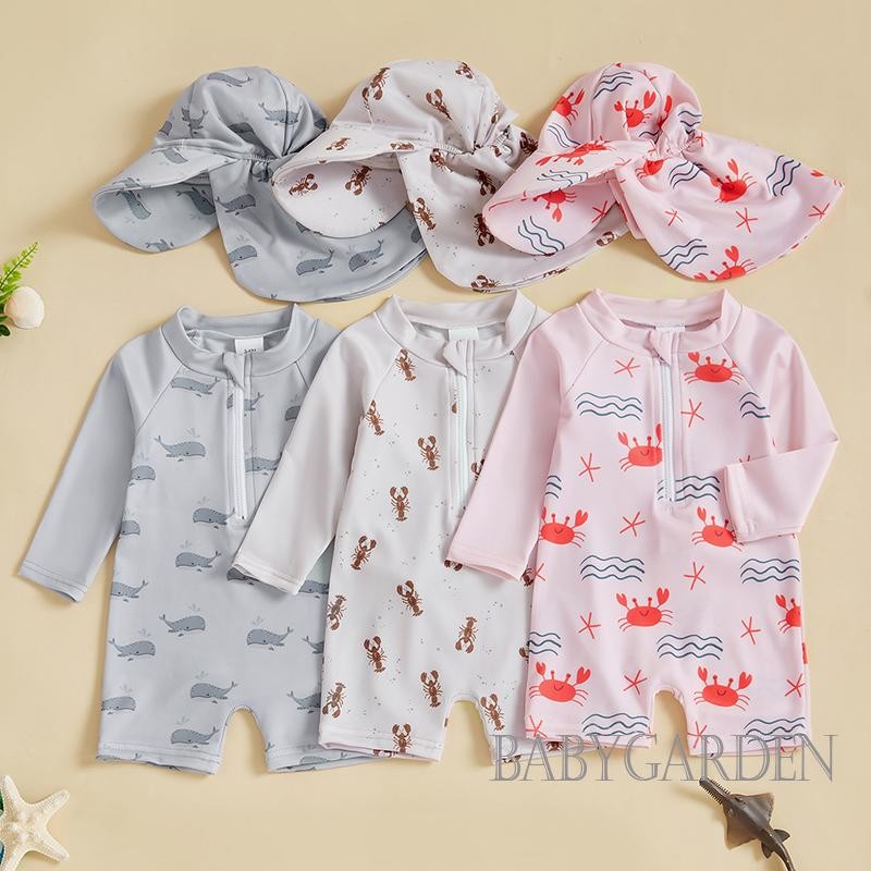 //-3Month-3years เด็กทารก/สาว Rash Guard ชุดว่ายน้ําพร้อมหมวก 2 ชิ้นชุด Crab Lobster รูปแบบปลาวาฬ Zip Up แขนยาวลูกเรือคอชุดว่ายน้ํา