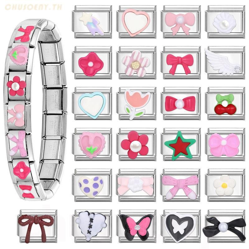 ยอดนิยม Love Bow ดอกไม้สีชมพูอิตาเลี่ยน Charm Links Fit 9 มม.สร้อยข้อมือสแตนเลสทําเครื่องประดับ