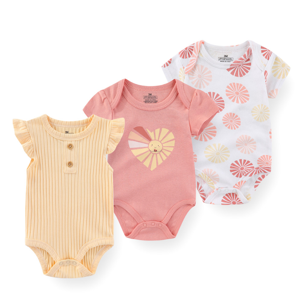Kiddiezoom 3 ชิ้น Baby ใหม่แฟชั่นดอกไม้การ์ตูนบอดี้สูท Soft Comfort Jumpsuit