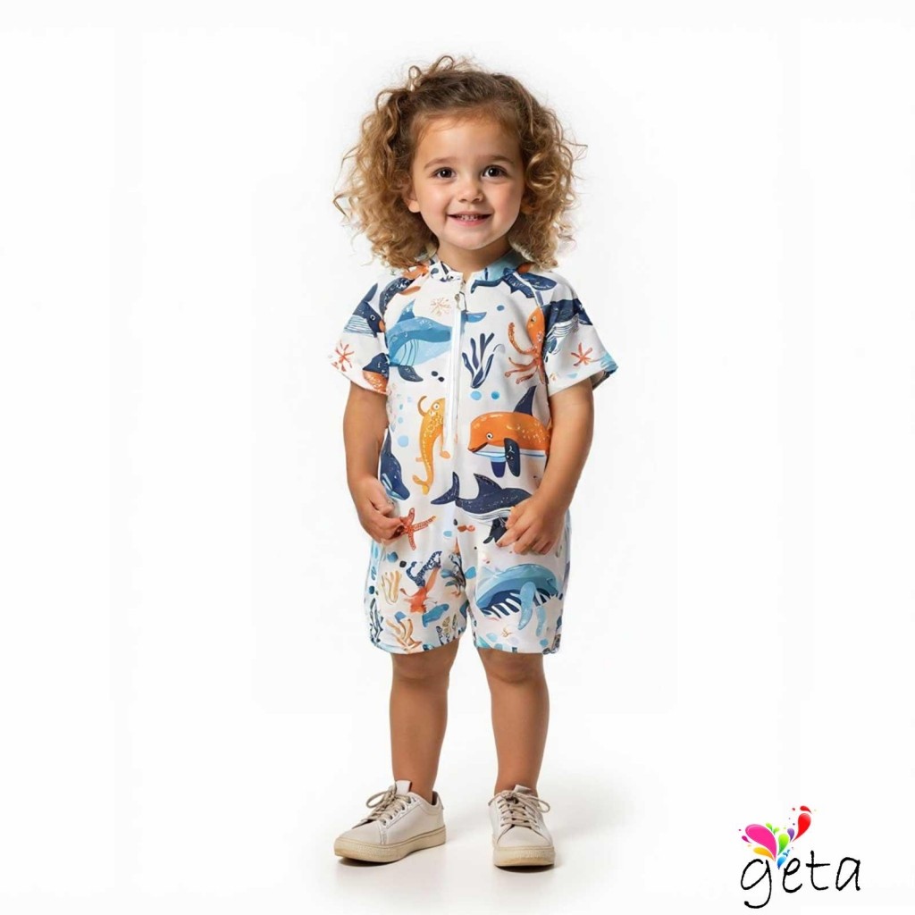 Ljw-เด็กวัยหัดเดินชุดว่ายน้ําเด็ก Shark พิมพ์แขนสั้น Mock คอ Zip Up Rash Guard ชุดว่ายน้ํา