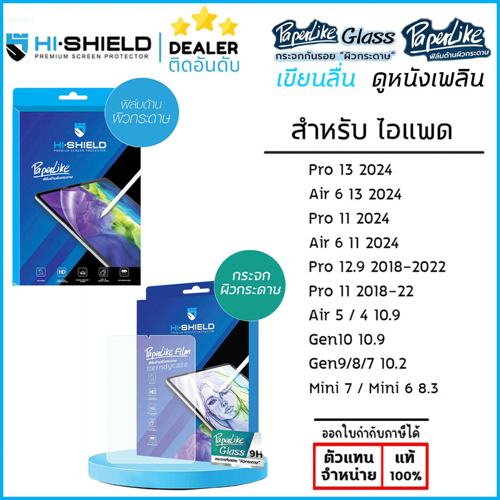 Hishield กระจกกระดาษ ฟิล์มกระดาษ Paper like ใช้สำหรับ iPad Air 6 Pro 13 2024 Pro 11 12.9 Air 5 4 10.2 Mini 7 6 ใบกำกั...