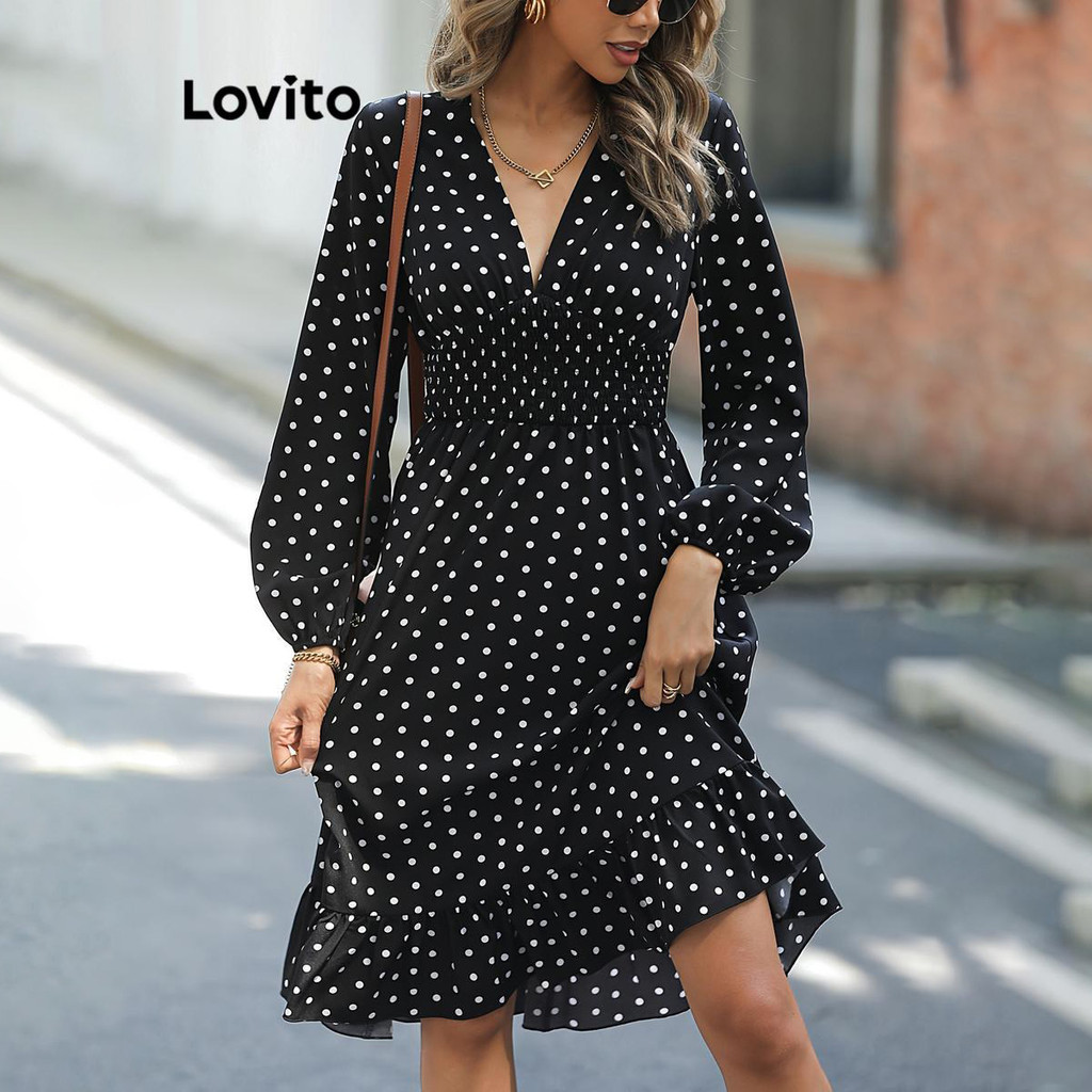 Lovito ชุดเดรสผู้หญิง พิมพ์ลายจุด สไตล์หรูหรา LNL52071