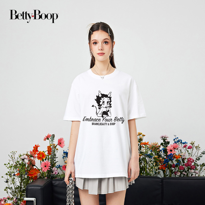 Betty BOOP BETTY เสื้อยืดแขนสั้นฤดูร้อนผ้าฝ้ายแท้การ์ตูนพิมพ์คอกลมแขนสั้น