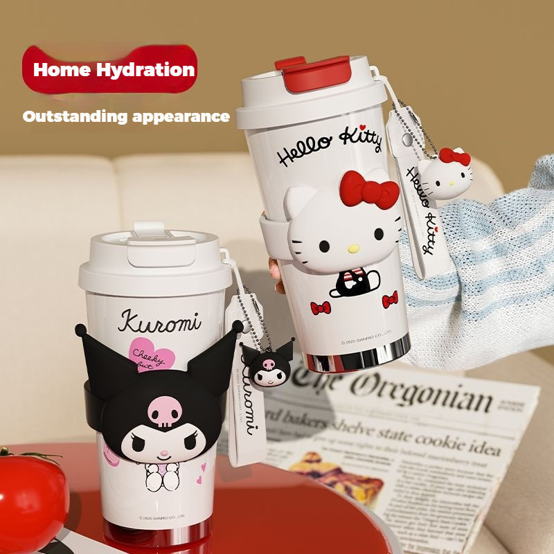 SANRIO ขายของแท้ ใหม่ ซานริโอ HelloKitty กระติกน้ําร้อน, สาวถ้วยกาแฟสไตล์ใหม่, ถ้วยน้ําฟางมูลค่าสูง, ของขวัญวันเกิด