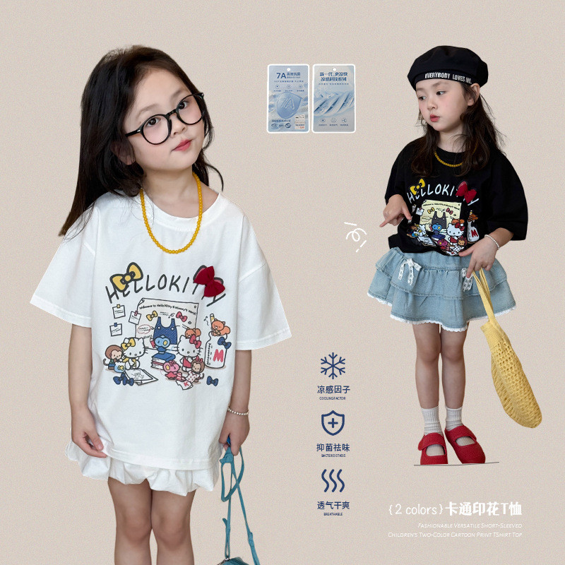 สาวแขนสั้นเสื้อยืดฤดูร้อน 2025 เด็กสไตล์ใหม่เวอร์ชั่นเกาหลีการ์ตูนพิมพ์ด้านบนเสื้อผ้าเด็ก