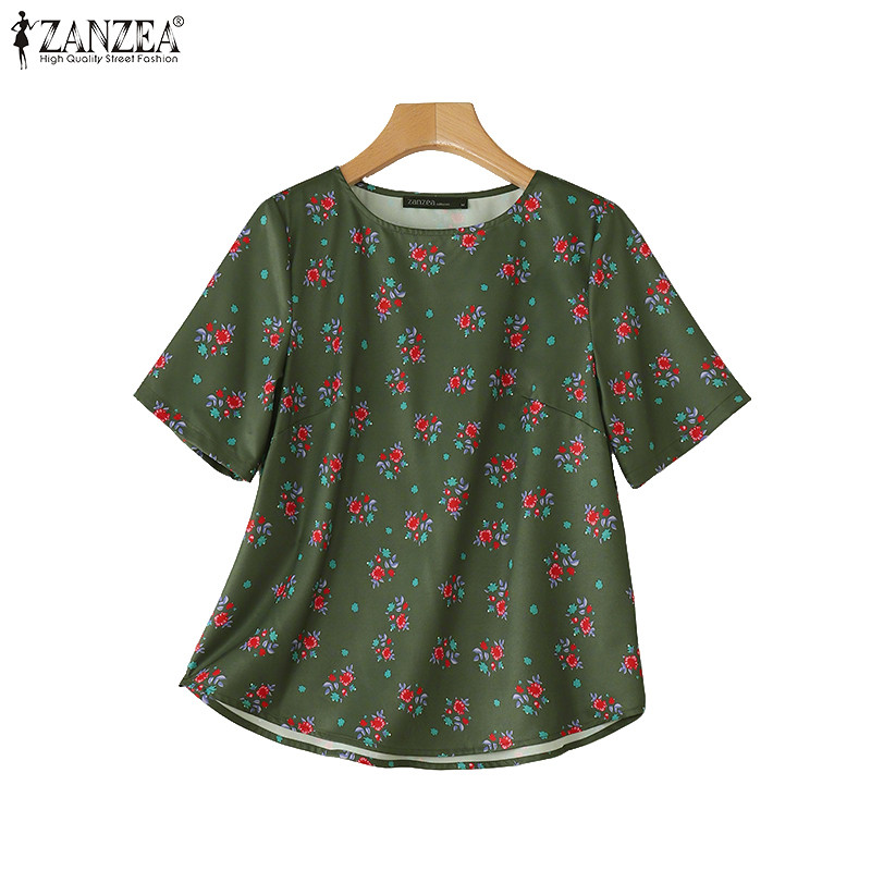 ZANZEA ซานเซีย เสื้อเบลาส์สำหรับผู้หญิง ดีไซน์เกาหลี คอกลม พิมพ์ดอกไม้สีเข้มหรูหรา