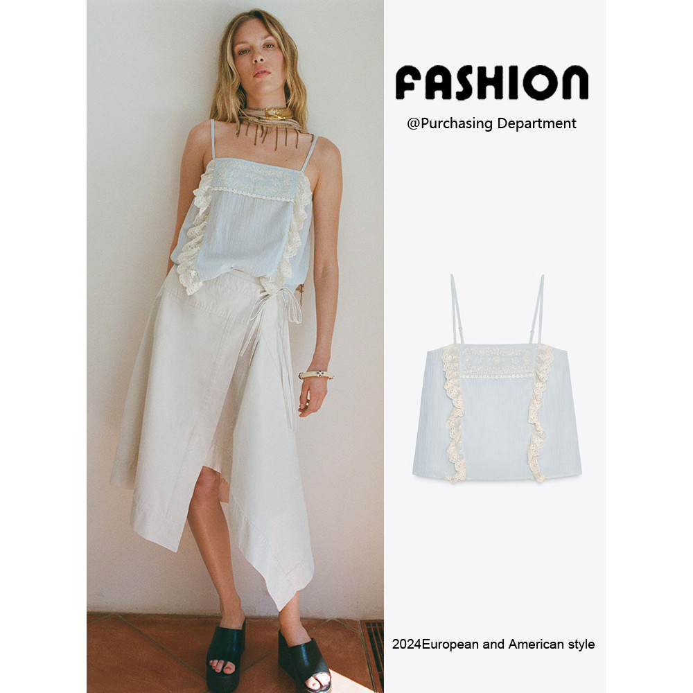 ZARA 2025 Summer สินค้าใหม่ผู้หญิงแขนกุด All-Match Straight Neckline ปักสลิงด้านบน 5107002 400