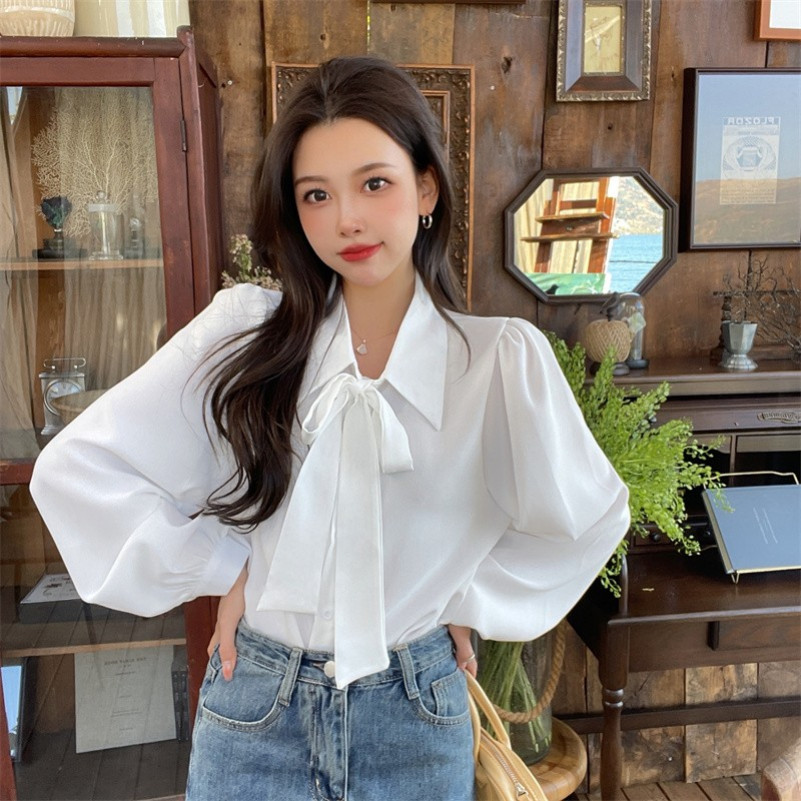 Hermarou เสื้อสตรีแขนยาวผ้าบางสีขาวชุดทํางานด้านบน
