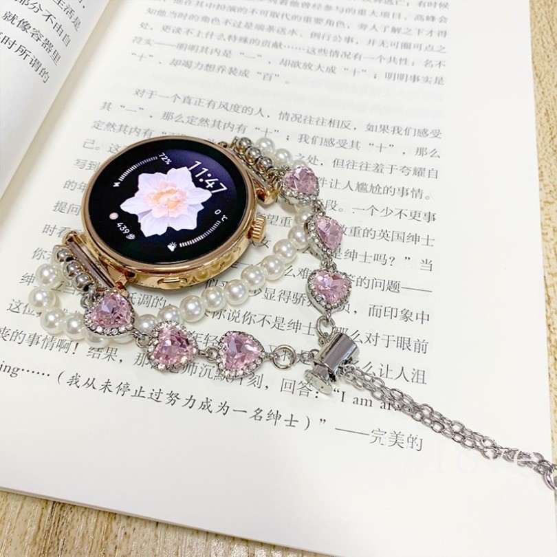สายรัดข้อมือ 20/22 มม. Diamond Love Heart Pearl สําหรับ Samsung 7 FE 6 3 4 5 Classic 40 44 มม. / 41 45 มม. อุปกรณ์เสริม