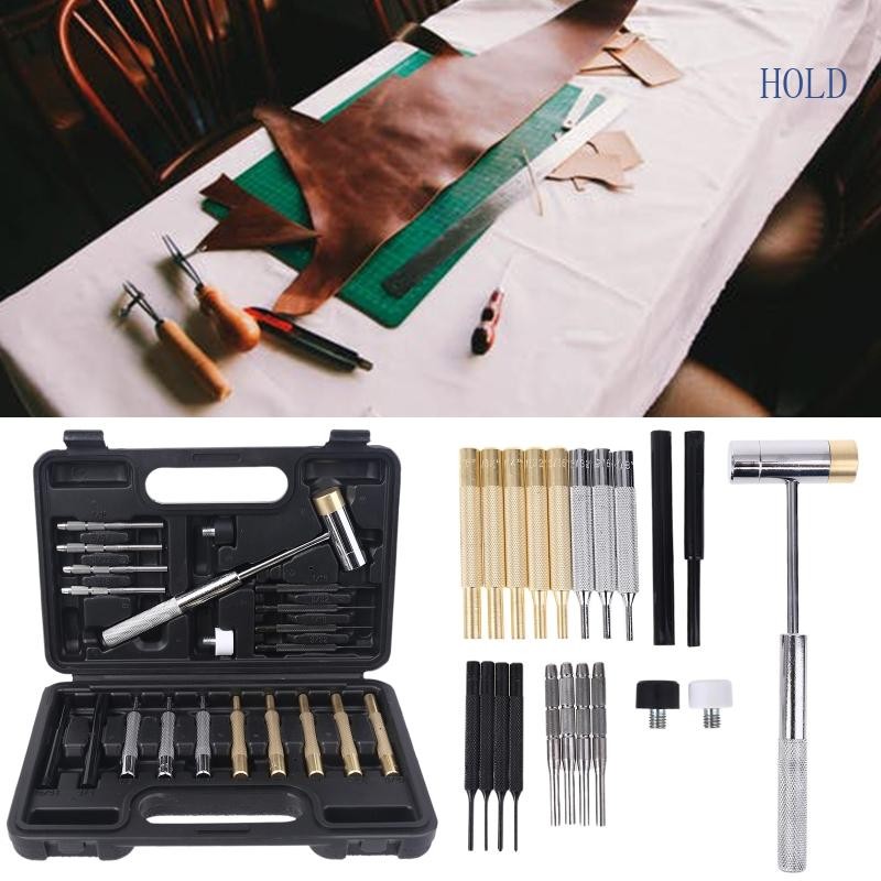 21pcs Professional Punch Tool Set Steel Pin Hammer Brass Leathercraft Repair Kit