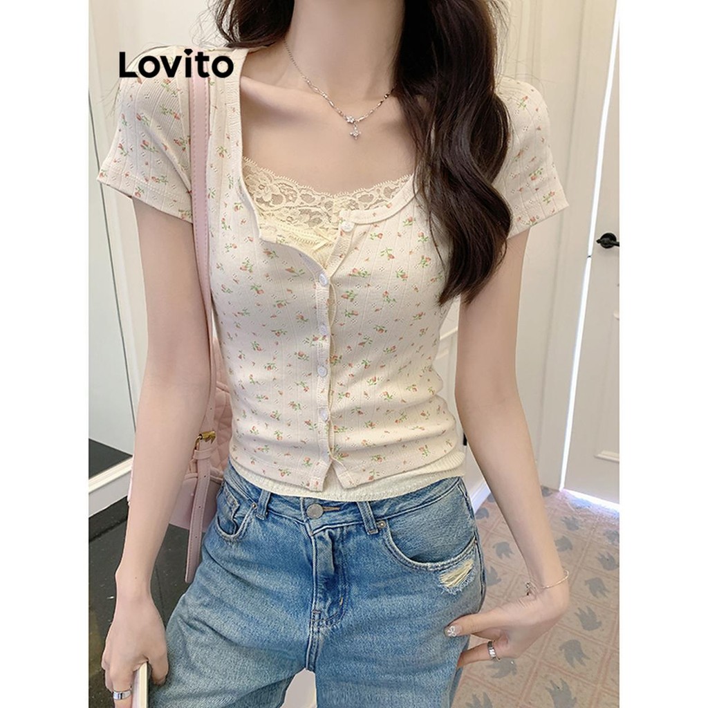Lovito เสื้อยืดผู้หญิง ลายดอกไม้ สไตล์ลำลอง LNA59238