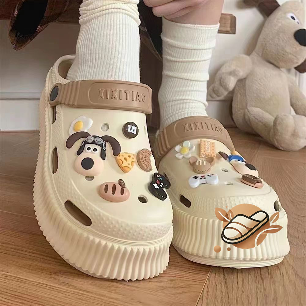 รองเท้าแตะหัวปิดแฟชั่นใหม่ DIY พร้อมเครื่องประดับ น่ารักสไตล์การ์ตูน พื้นหนา ใส่ได้ 2 แบบ แมตช์ง่าย