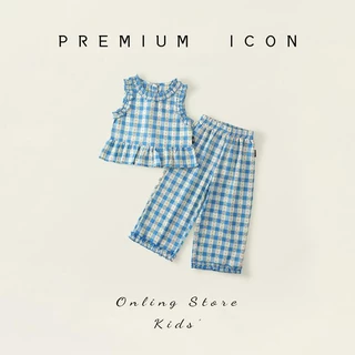Hania kids พร้อมส่ง ชุดเซ็ตลายสก็อตสีฟ้า+กางเกงขายาว เสื้อผ้าเด็ก- K4125260