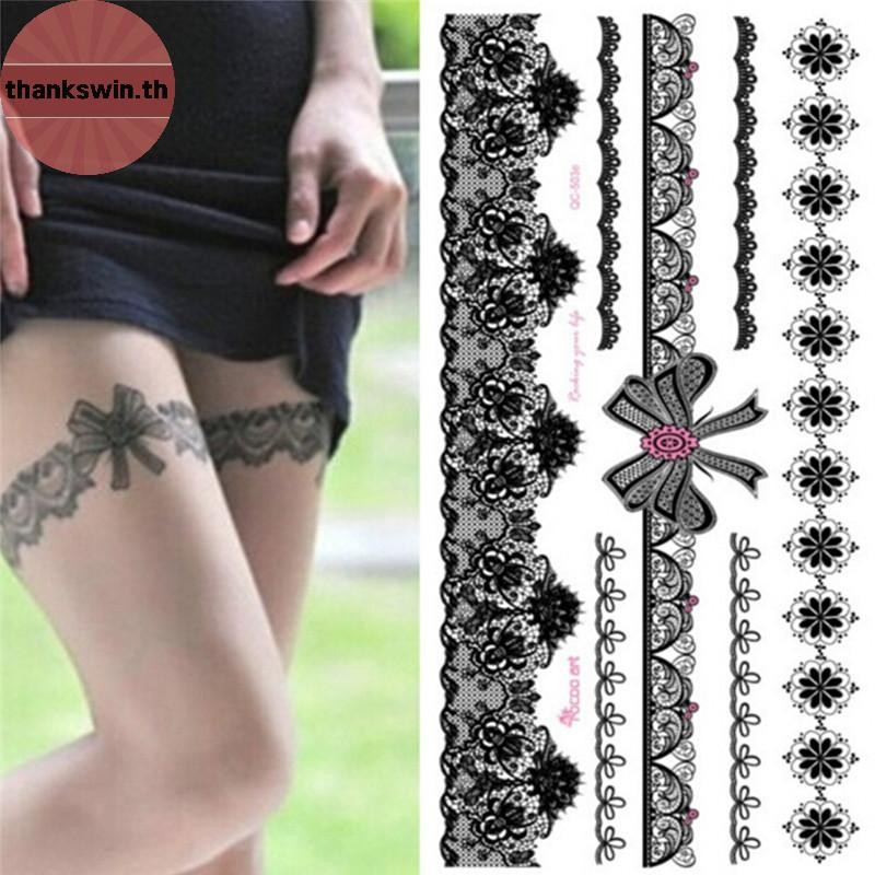 Thankswin กันน้ํา Tattoo สติกเกอร์ชั่วคราวบนขา Transfer ลูกไม้ Stocking Tattoo th