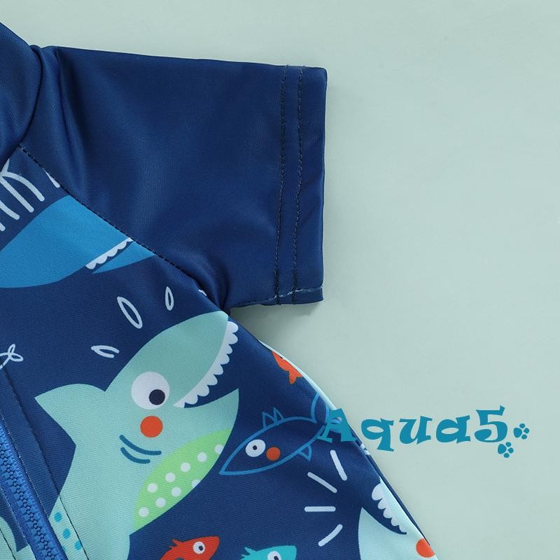 Aqq-toddler Boys Rash Guard ชุดว่ายน้ํา Playsuits Shark พิมพ์ซิปแขนสั้นชุดว่ายน้ําป้องกันแสงแดดพร้อมหมวกว่ายน้ําชุด - รูปที่ 5