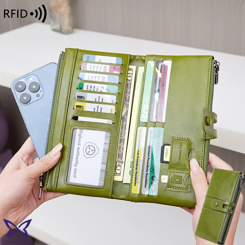 ใหม่ RFID กระเป๋าสตางค์ หนังนิ่ม แว็กซ์น้ํามัน คลัทช์ ป้องกันแม่เหล็ก สําหรับผู้หญิง