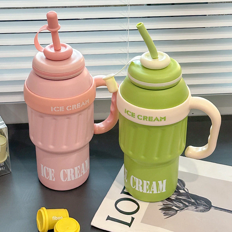 ice cream-bully แกว้เก็บความเย็น 1ลิตร วัสดุสแตนเลส 304 คงความเย็นคงความร้อน มีหลอดดูด เหมาะสำหรับรถยนต์และบ้าน B0226