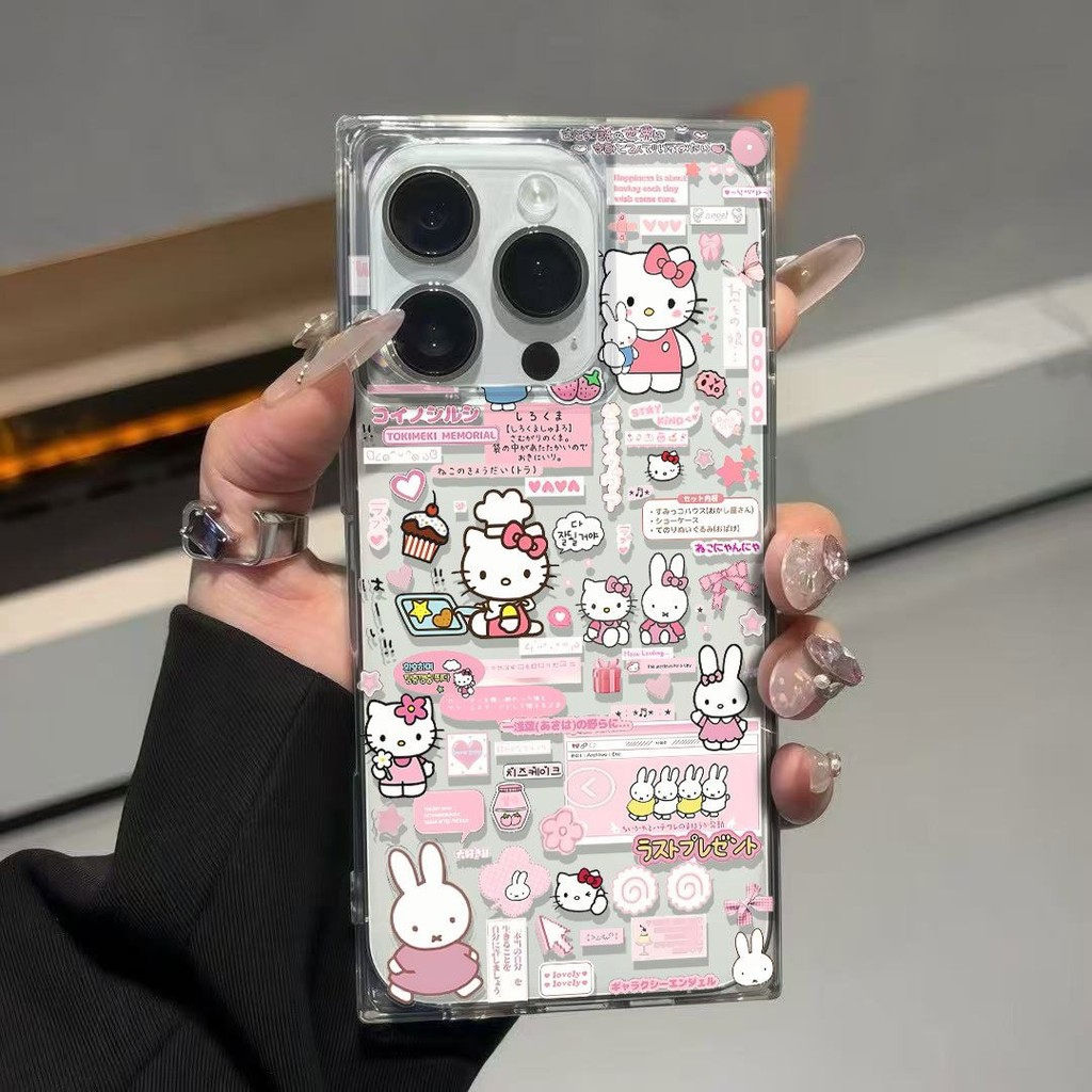 [เคสสี่เหลี่ยม] คริสตัลน้ําแข็งสีชมพูสแควร์เหมาะสําหรับ แอปเปิล 16โปรแม็กซ์/15/14 กันกระแทกอินเทรนด์ ไอโฟน13/12 เคสโทรศัพท์