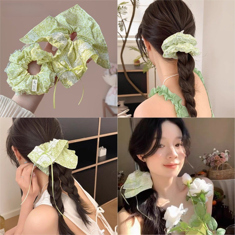ผ้าคาดผมลายดอกไม้สีเขียว พร้อมเชือกรัดผม และเครื่องประดับผม