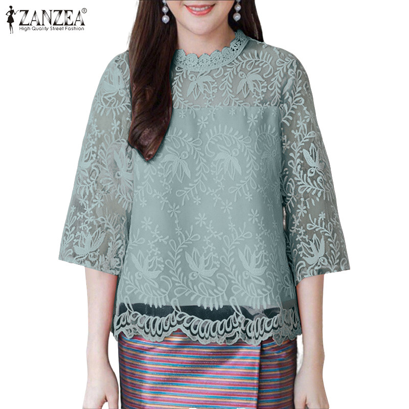 ZANZEA เสื้อเบลาส์ลูกไม้คอกลมแขนเจ็ดควอทซ์สไตล์เกาหลีสำหรับผู้หญิง