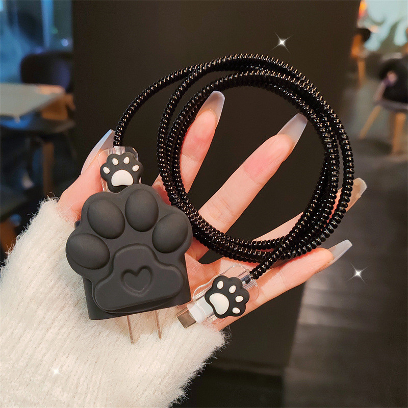 น่ารัก Black Cat paw DIY 18w/20w Charger Protector ชุด Charger Case Cable Protector สําหรับ iPhone11 12 13 14 15 16pro max