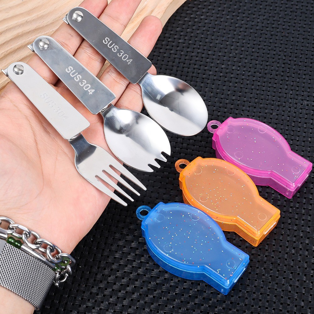 304 สแตนเลสพับช้อนสร้างสรรค์บนโต๊ะอาหารอุปกรณ์กลางแจ้งแบบพกพาสามพับช้อนส้อมเดินทางพับช้อนพร้อมกล่องเก็บ - รูปที่ 2