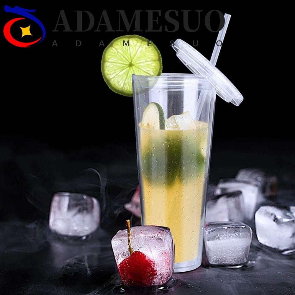 ขวดน้ํา ADAMESUO สองชั้นพร้อมฝาปิดและแก้วน้ําใสฟาง Househo 350/450/650ml ถ้วยกาแฟเย็นใสพลาสติกใช้ในบ้าน