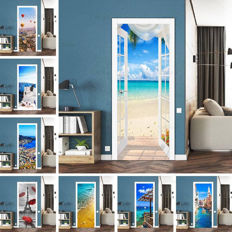 สติกเกอร์ประตูที่กําหนดเอง Blue Sky Seaside Beach Landscape Photo วอลล์เปเปอร์สําหรับห้องนั่งเล่นตกแต่งห้องนอน Self กาว PVC กันน้ําตกแต่งผนัง