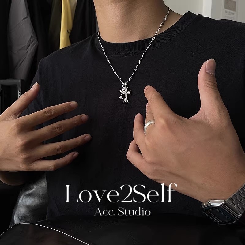 Love2Self X062 สไตล์ฮิปฮอป unisex สร้อยคอทุกวัน สร้อยคอโซ่จี้ไม้กางเขนคู่