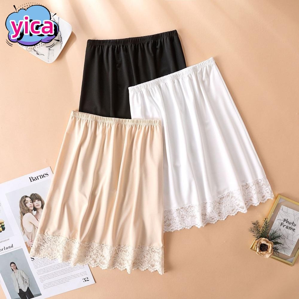 YICA Modal หญิงครึ่งความยาวกระโปรง,ลูกไม้ผ้าไหมน้ําแข็งบางกระโปรง,แฟชั่น Anti-Penetrating Anti-glare ตาข่ายดอกไม้ Innerwear กระโปรงสั้นผู้หญิง