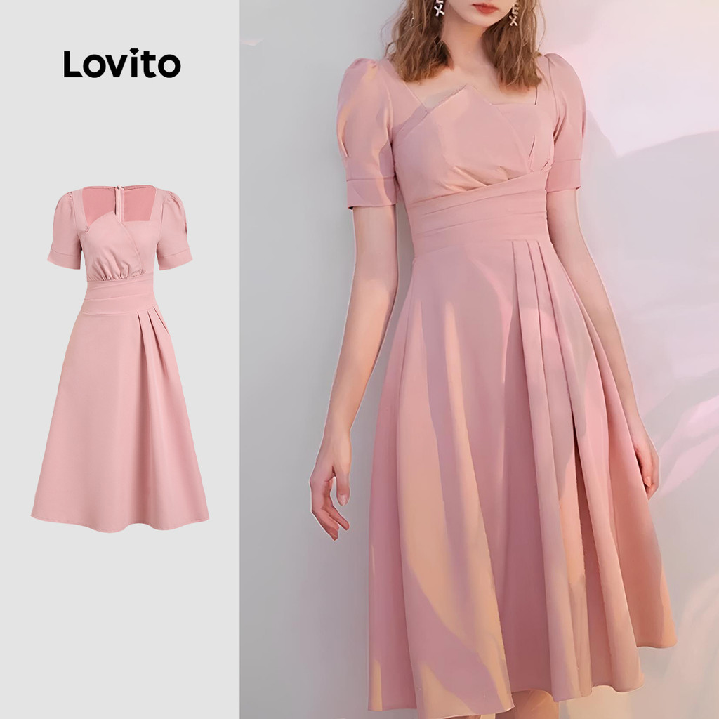 Lovito ชุดเดรสสีชมพูฤดูใบไม้ผลิ/ฤดูร้อนแบบอสมมาตรหรูหราสําหรับผู้หญิง LBL25437