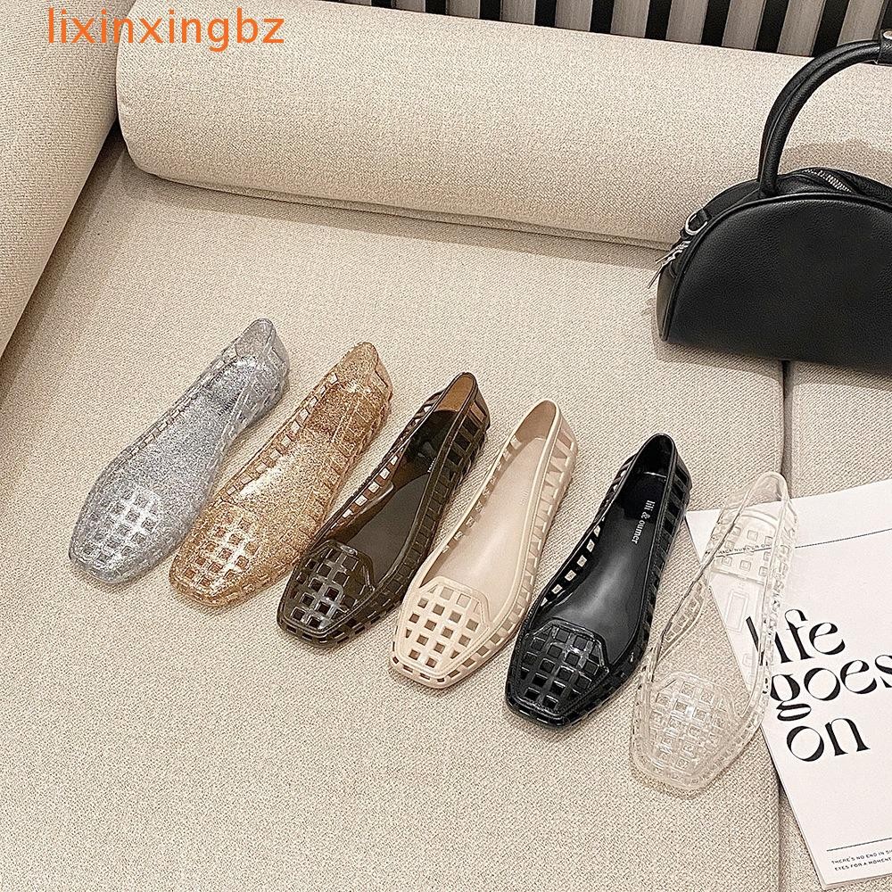 LIXINXINGBZ คริสตัล PVC Jelly รองเท้า แบบ Soft Square Toe Heavenly Jelly รองเท้าแตะ กันน้ํา กันลื่น สไตล์เกาหลี สำหรับชายหาด